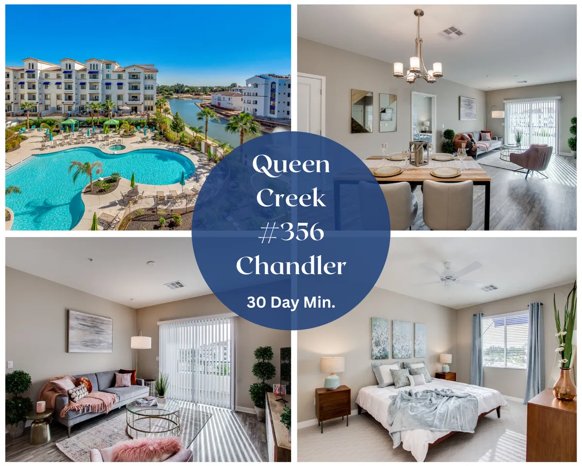 The image highlights a sparkling resort-style swimming pool surrounded by modern condo architecture, with inviting lounge areas and glimpses of cozy, sunlit living spaces. The sunset casts a warm glow over the scene, enhancing the vibrant and welcoming atmosphere.