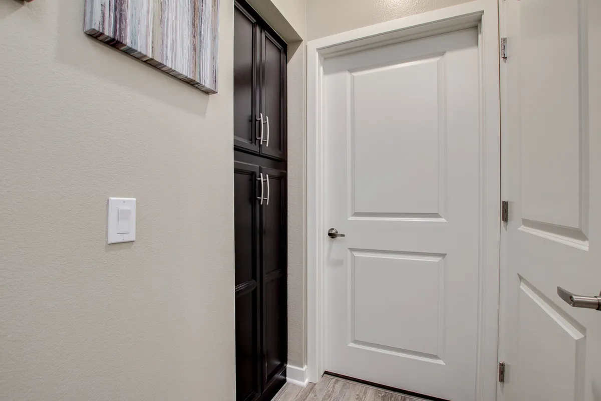This image presents a welcoming entryway with black cabinets, a white door, and a piece of wall art, offering the first impression of the home's interior. The space is neat and functional, ideal for organizing belongings upon arrival.
